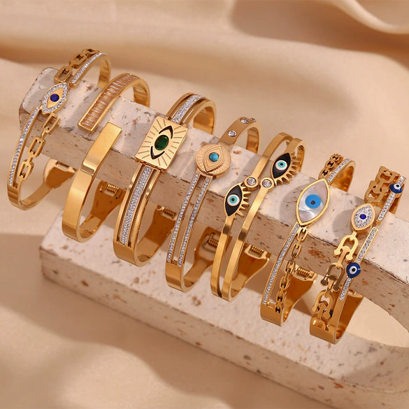 Fashion Niche Popular Stainless Steel Bracelet 18K Gold Plated Microset Devil's Eye Spring Buckle Geometric Style