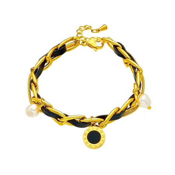 Fashion Niche Simple Retro Pendant Steel Leather Chain Bracelet With Round Shape And Electroplated Finish