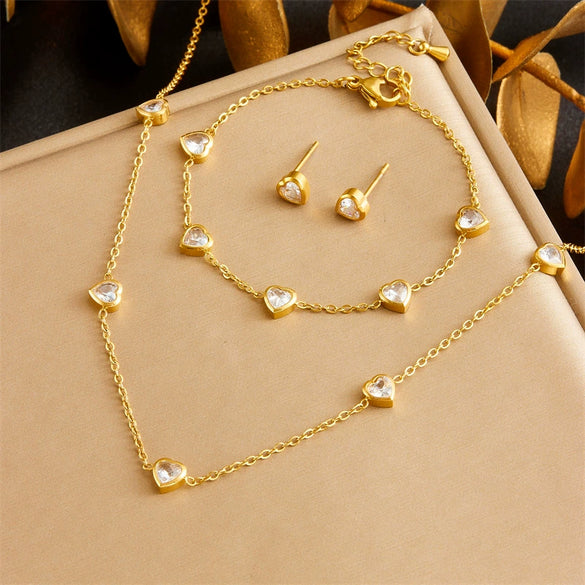 Fashion Niche Transparent Love Accessories Gold Plated Stainless Steel Chain Bracelet Earrings Necklace Set With Rhinestones Love Water Drops Bells Pattern Electroplating