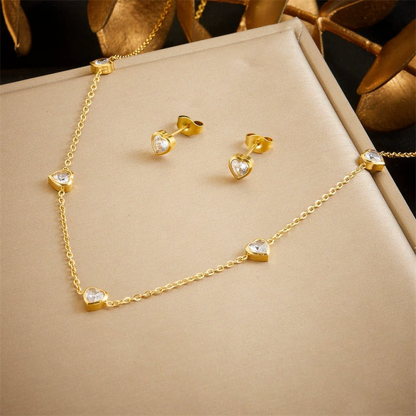 Fashion Niche Transparent Love Accessories Gold Plated Stainless Steel Chain Bracelet Earrings Necklace Set With Rhinestones Love Water Drops Bells Pattern Electroplating