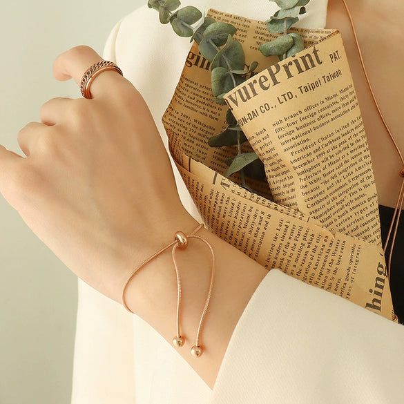 Fashion Nonfading Round Bead Pull Buckle Titanium Steel 18K Gold Plated Tassel Necklace Bracelet Anklet Jewelry Suit With Electroplating