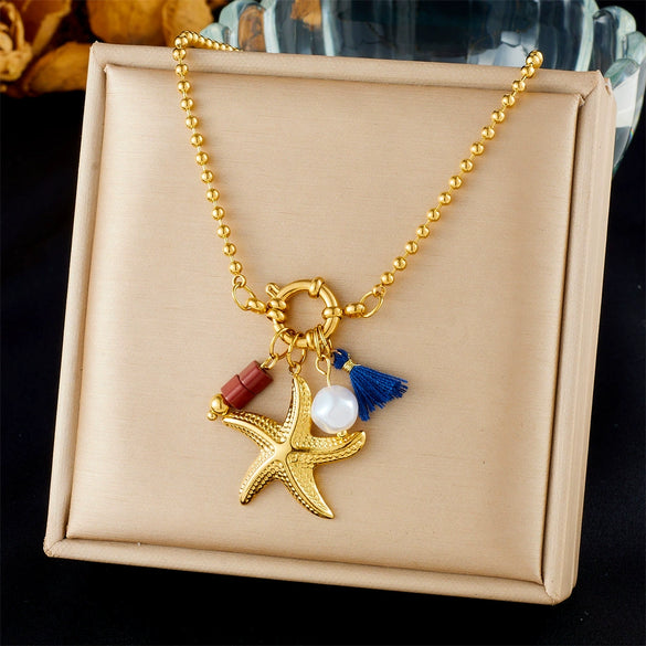 Fashion Ocean Series Accessories Stainless Steel Goldplated Animal Zodiac Starfish Shell Butterfly Pendant Necklace With O Word Chain