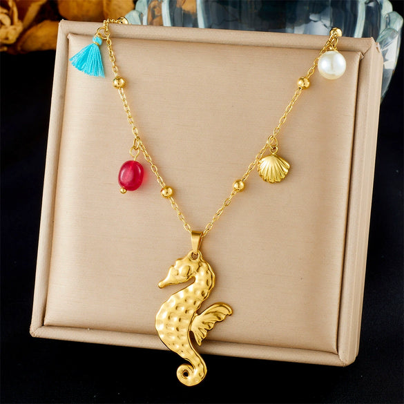 Fashion Ocean Series Accessories Stainless Steel Goldplated Animal Zodiac Starfish Shell Butterfly Pendant Necklace With O Word Chain