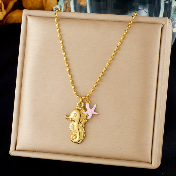 Fashion Ocean Series Accessories Stainless Steel Goldplated Animal Zodiac Starfish Shell Butterfly Pendant Necklace With O Word Chain