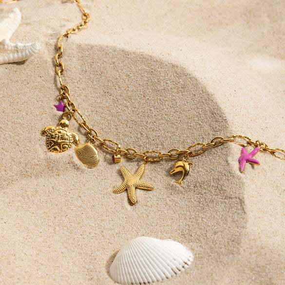 Fashion Ocean Style Stainless Steel Stacked Starfish And Conch Animal Geometric Necklace With Electroplating