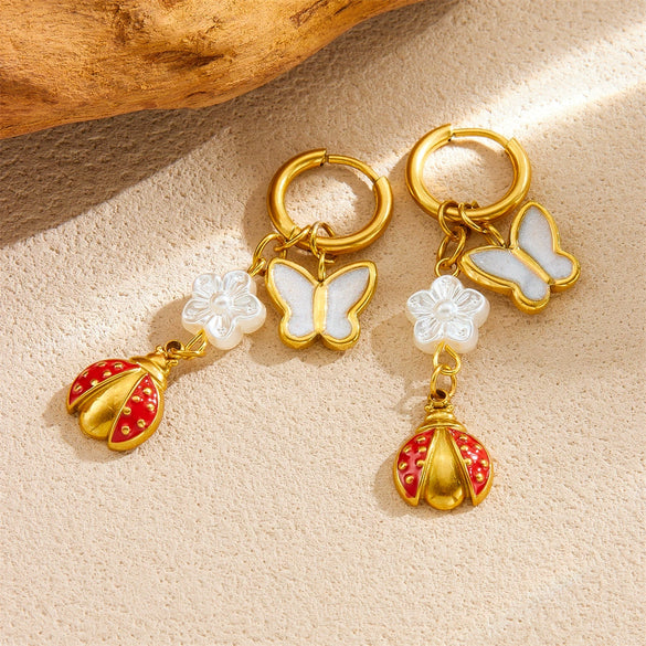 Fashion Oil Dripping Cartoon Insect Pattern Stainless Steel Electroplated Hanging Earrings For Women