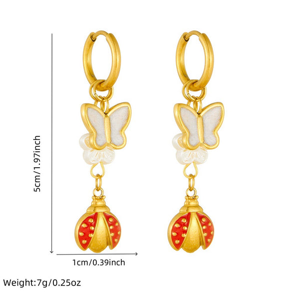 Fashion Oil Dripping Cartoon Insect Pattern Stainless Steel Electroplated Hanging Earrings For Women