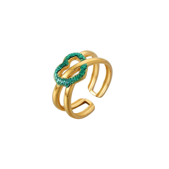 Fashion Oil Dropping Titanium Steel Open Ring With Gold Plated Leaves And Small Flower Design Jewelry