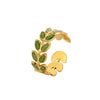 Fashion Oil Dropping Titanium Steel Open Ring With Gold Plated Leaves And Small Flower Design Jewelry