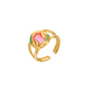 Fashion Oil Dropping Titanium Steel Open Ring With Gold Plated Leaves And Small Flower Design Jewelry