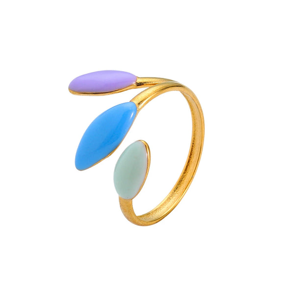 Fashion Oil Dropping Titanium Steel Open Ring With Gold Plated Leaves And Small Flower Design Jewelry