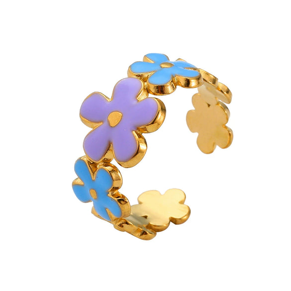 Fashion Oil Dropping Titanium Steel Open Ring With Gold Plated Leaves And Small Flower Design Jewelry