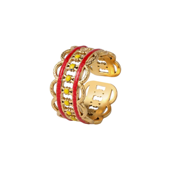 Fashion Oil Dropping Titanium Steel Open Ring With Gold Plated Leaves And Small Flower Design Jewelry