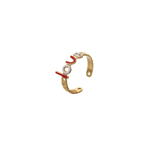 Fashion Oil Dropping Titanium Steel Open Ring With Gold Plated Leaves And Small Flower Design Jewelry