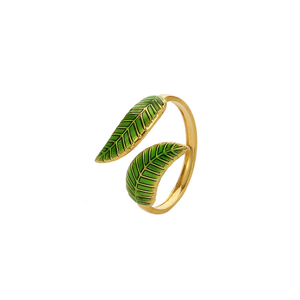 Fashion Oil Dropping Titanium Steel Open Ring With Gold Plated Leaves And Small Flower Design Jewelry