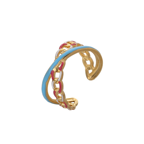 Fashion Oil Dropping Titanium Steel Open Ring With Gold Plated Leaves And Small Flower Design Jewelry