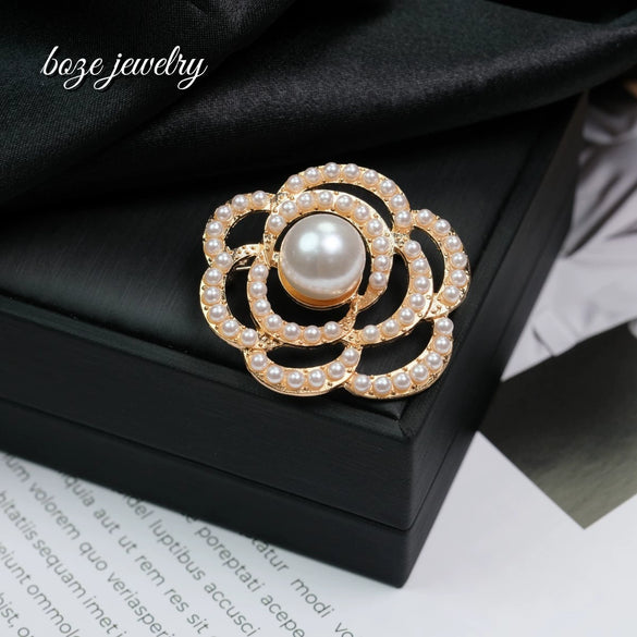 Fashion Ol Camellia Alloy Electroplated Brooch With Crystal Diamond And Highgrade Pearl For Women And Unisex As Clothing Accessories
