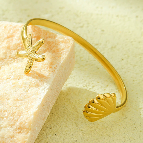 Fashion Ol Geometric Marine Elements Stainless Steel 18K Electroplated Adjustable Scallop Opening Bracelet