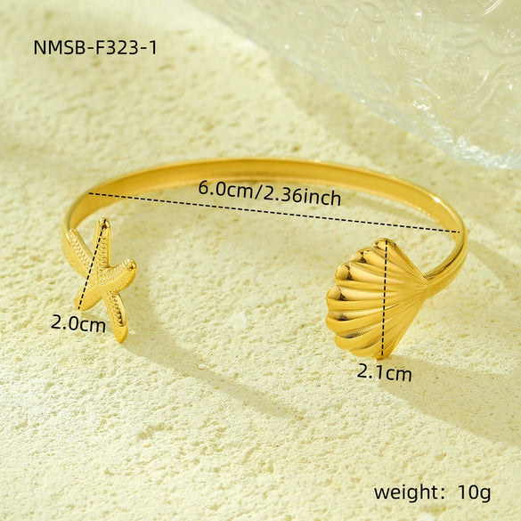Fashion Ol Geometric Marine Elements Stainless Steel 18K Electroplated Adjustable Scallop Opening Bracelet