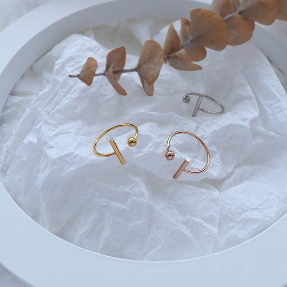 Fashion Ol Geometry Style Simple Tshape Open Titanium Steel 18K Gold Electroplated Ring With Letters Numbers Text Pattern For Women Couple Tail Ring