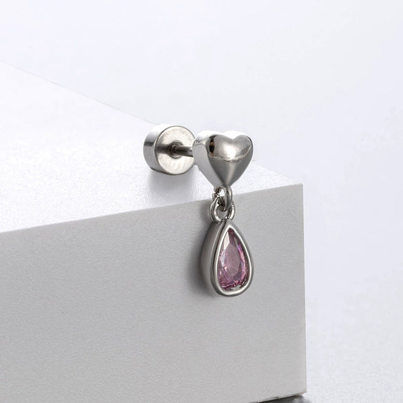 Fashion Ol Style Metal Heart Shape Titanium Steel Zirconia Doubleheaded Screw Piercing Earrings For Women