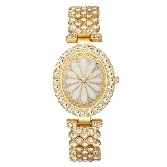 Fashion Oval Alloy Diamond Bracelet Women's Quartz Watch With Printed Dial And Stainless Steel Buckle