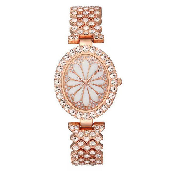 Fashion Oval Alloy Diamond Bracelet Women's Quartz Watch With Printed Dial And Stainless Steel Buckle