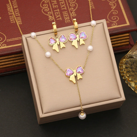 Fashion Pearl Bow Stainless Steel Necklace Suit With Snake Bone Chain And Electroplating Design