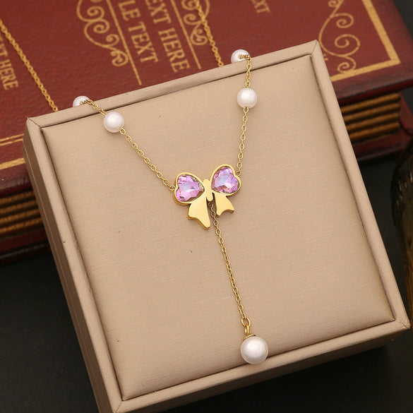 Fashion Pearl Bow Stainless Steel Necklace Suit With Snake Bone Chain And Electroplating Design