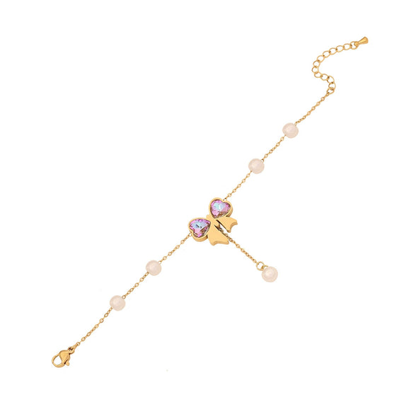 Fashion Pearl Bow Stainless Steel Necklace Suit With Snake Bone Chain And Electroplating Design