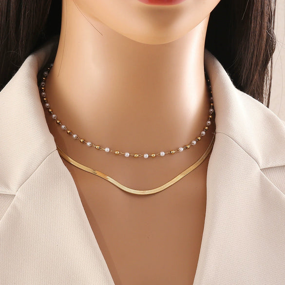 Fashion Pearl Double Chain Temperament Stainless Steel Clavicle Necklace With Blade Chain And Electroplating