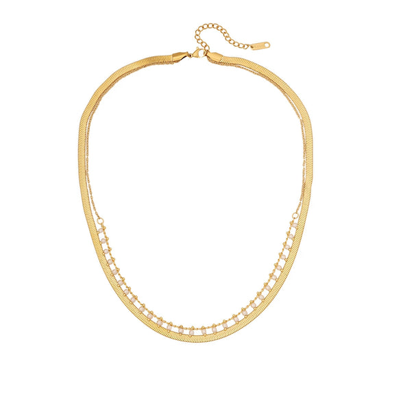 Fashion Pearl Double Chain Temperament Stainless Steel Clavicle Necklace With Blade Chain And Electroplating