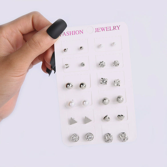 Fashion Pearl Flash Diamond Zircon Earrings Electroplated Geometric Alloy Ear Studs 12 Pairs Combination Suit Wholesale