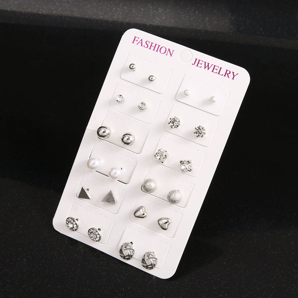 Fashion Pearl Flash Diamond Zircon Earrings Electroplated Geometric Alloy Ear Studs 12 Pairs Combination Suit Wholesale