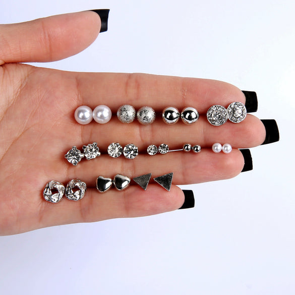 Fashion Pearl Flash Diamond Zircon Earrings Electroplated Geometric Alloy Ear Studs 12 Pairs Combination Suit Wholesale