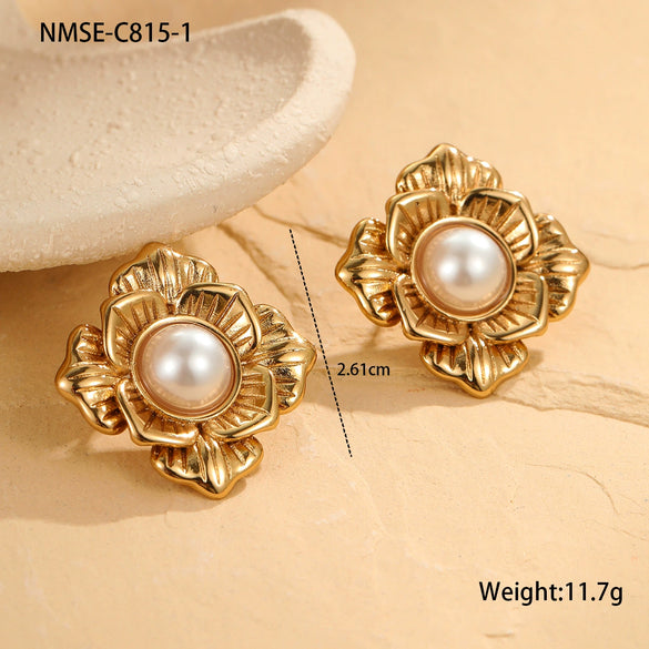 Fashion Pearl Series Stainless Steel Women's Earrings With Insect And Geometric Patterns Electroplated 18K Gold Retro Design