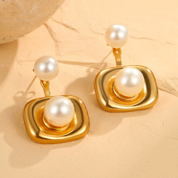 Fashion Pearl Series Stainless Steel Women's Earrings With Insect And Geometric Patterns Electroplated 18K Gold Retro Design
