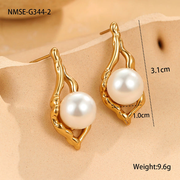 Fashion Pearl Series Stainless Steel Women's Earrings With Insect And Geometric Patterns Electroplated 18K Gold Retro Design