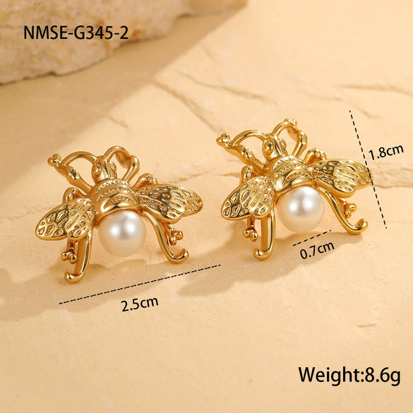 Fashion Pearl Series Stainless Steel Women's Earrings With Insect And Geometric Patterns Electroplated 18K Gold Retro Design