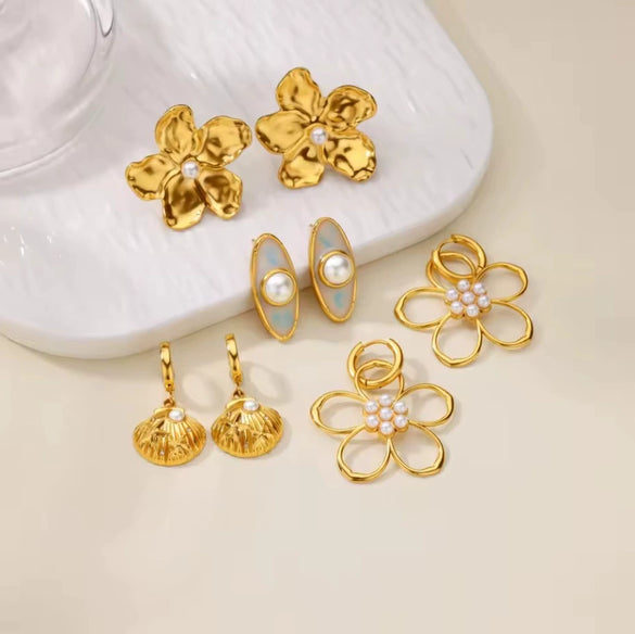 Fashion Pearl Zircon Titanium Steel Geometric Earrings 18K Gold Plated Electroplated For Women