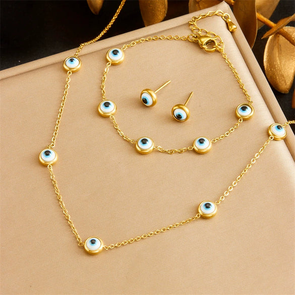 Fashion Personality Blue Eyes Accessories Set Stainless Steel Electroplated Necklace Earrings Bracelet