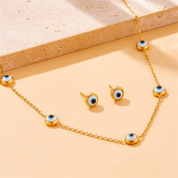 Fashion Personality Blue Eyes Accessories Set Stainless Steel Electroplated Necklace Earrings Bracelet
