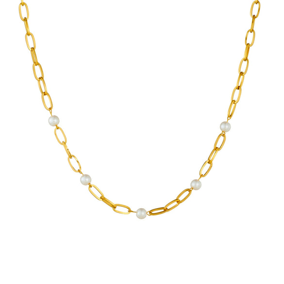 Fashion Personality Cross Chain Pearl Jewelry Necklace Stainless Steel Goldplated