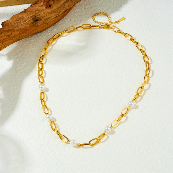 Fashion Personality Cross Chain Pearl Jewelry Necklace Stainless Steel Goldplated