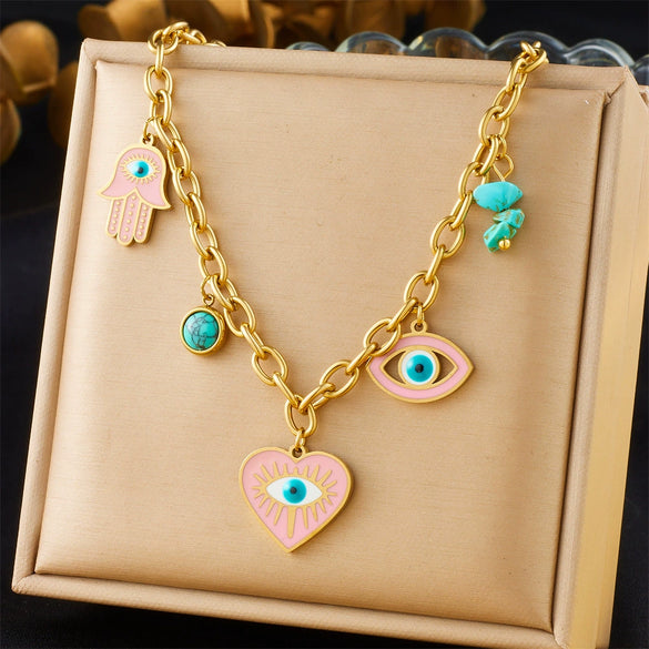 Fashion Personality Drop Oil Pink Love Eyes Blue Pine Stone Pendant Stainless Steel Necklace Earrings Bracelet Suit With Electroplating Love Water Drops Bells Pattern