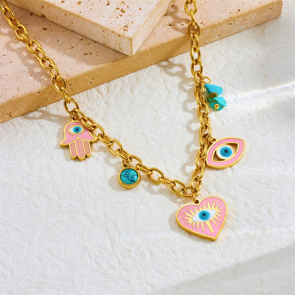 Fashion Personality Drop Oil Pink Love Eyes Blue Pine Stone Pendant Stainless Steel Necklace Earrings Bracelet Suit With Electroplating Love Water Drops Bells Pattern