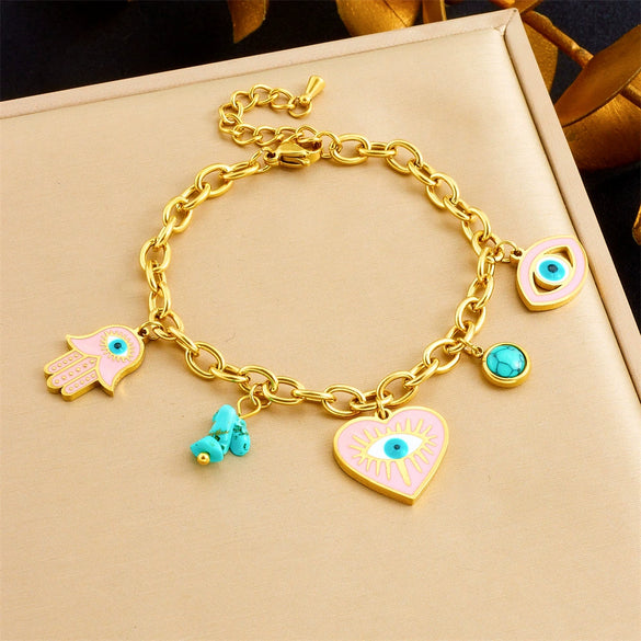 Fashion Personality Drop Oil Pink Love Eyes Blue Pine Stone Pendant Stainless Steel Necklace Earrings Bracelet Suit With Electroplating Love Water Drops Bells Pattern
