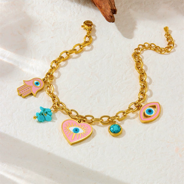 Fashion Personality Drop Oil Pink Love Eyes Blue Pine Stone Pendant Stainless Steel Necklace Earrings Bracelet Suit With Electroplating Love Water Drops Bells Pattern