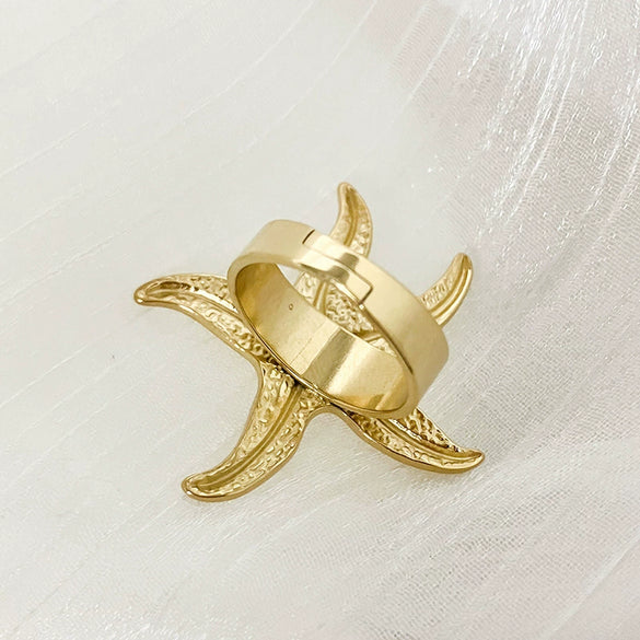 Fashion Personality Exaggerated Retro Starfish Stainless Steel Adjustable Open Ring With Electroplating