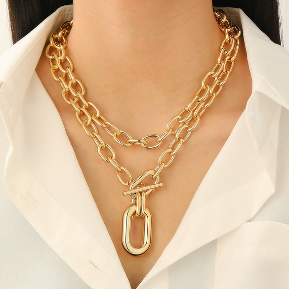 Fashion Personality Geometric Alloy Buckle Collar Necklace For Women With Electroplating Treatment